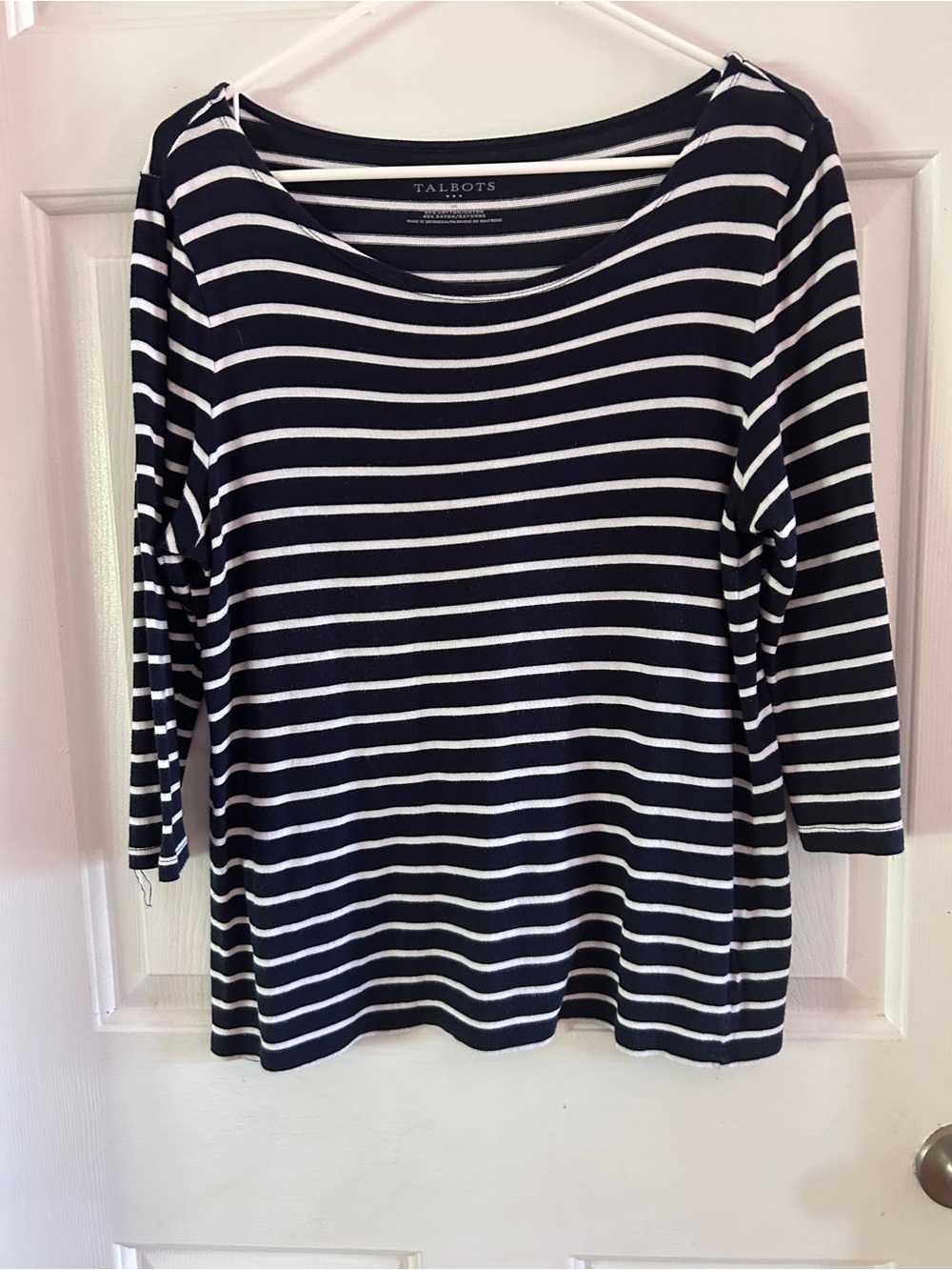 Talbots Navy White Striped Long Sleeve Scoop neck Top M